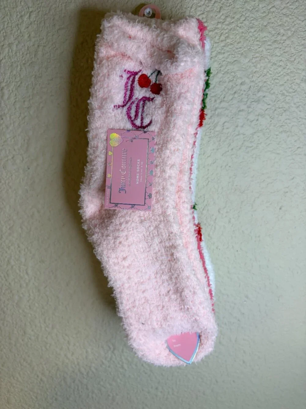 Juicy Couture Fuzzy Cozy Socks 3 Pack Pink Cherry Logo Shoe 4-10 NWT